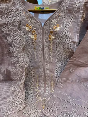 Pakistani-Inspired Embroidered Swizz Lawn Stitched Three-Piece Collection (Muted Mink / Taupe Gray)