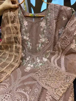 Pakistani-Inspired Embroidered Swizz Lawn Stitched Three-Piece Collection (Muted Coffee Brown / Taupe)