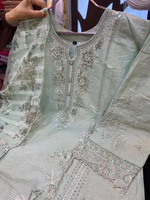 Pakistani-Inspired Embroidered Swizz Lawn Stitched Three-Piece Collection (Mint Green / Pistachio)