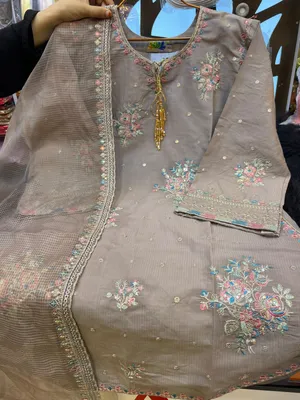 Pakistani-Inspired Embroidered Swizz Lawn Stitched Three-Piece Collection (Muted Mushroom / Taupe)