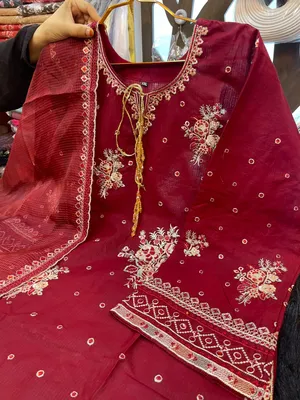 Pakistani-Inspired Embroidered Swizz Lawn Stitched Three-Piece Collection (Deep Maroon / Crimson)