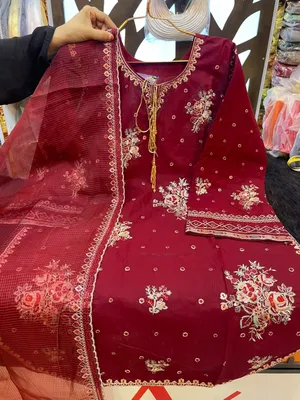 Pakistani-Inspired Embroidered Swizz Lawn Stitched Three-Piece Collection (Deep Maroon / Crimson)