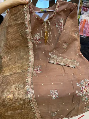 Pakistani-Inspired Embroidered Swizz Lawn Stitched Three-Piece Collection (Muted Mocha / Chestnut Brown)