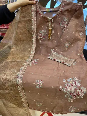 Pakistani-Inspired Embroidered Swizz Lawn Stitched Three-Piece Collection (Muted Mocha / Chestnut Brown)