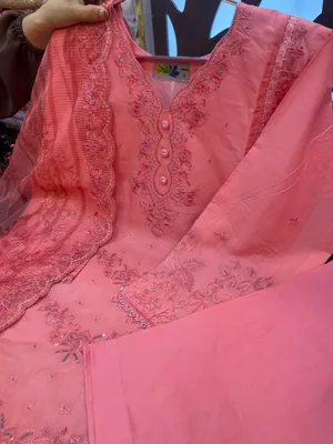 Pakistani-Inspired Embroidered Swizz Lawn Stitched Three-Piece Collection (Peach Pink / Coral)   
