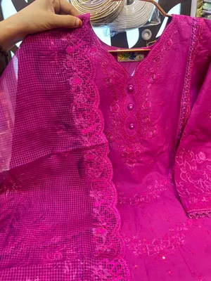 Pakistani-Inspired Embroidered Swizz Lawn Stitched Three-Piece Collection (Vibrant Magenta Pink)