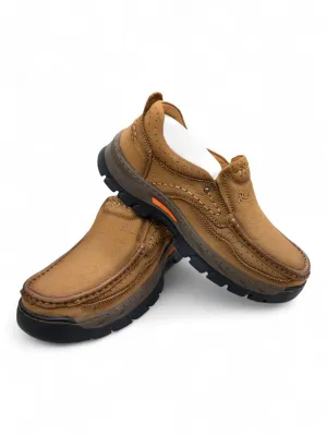 Brown Moccasin Casual Shoes — Rugged Sole with Orange Accents 