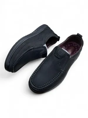 Black Moccasin Slip-On Shoes—Chevron Sole Grip & White Stitch Detailing 