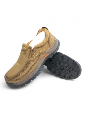 Tan & Brown Moccasin Slip-On Shoes — Stitched Comfort with Rugged Sole 