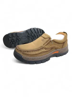 Tan & Brown Moccasin Slip-On Shoes — Stitched Comfort with Rugged Sole 