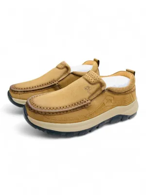 Tan & Brown Moccasin Slip-On Shoes — Stitched Comfort with Rugged Sole 