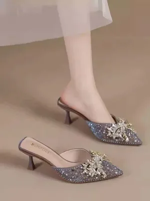 RHINESTONE BOW POINTED TOE STILETTO SANDALS FOR WOMEN