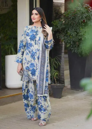 Original Pakistani Sahiba's By Mirza Stitched Farshi 3Pc _ Beige with Blue 