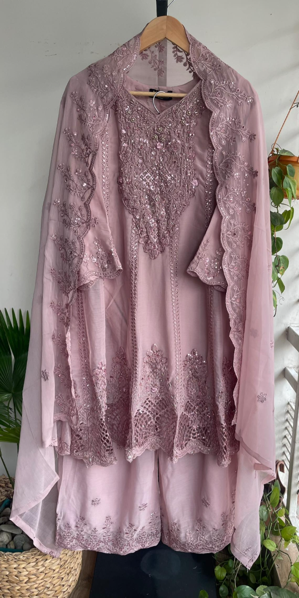 Original Pakistani Chiffon Stitched Frock With Palazzo Set _ Mauve Pink