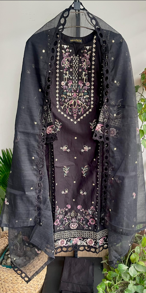 Original Pakistani Hayat’s Luxury Cotton Stitched 3Pcs _ Black