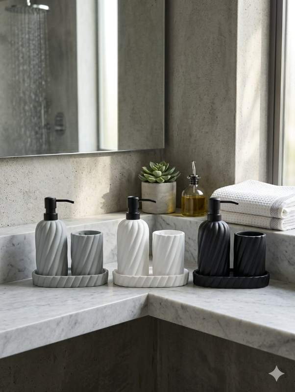 3-Piece Twisted Ribbed Ceramic Bathroom Set Grey, White & Black | Soap Dispenser, Cup, Tray