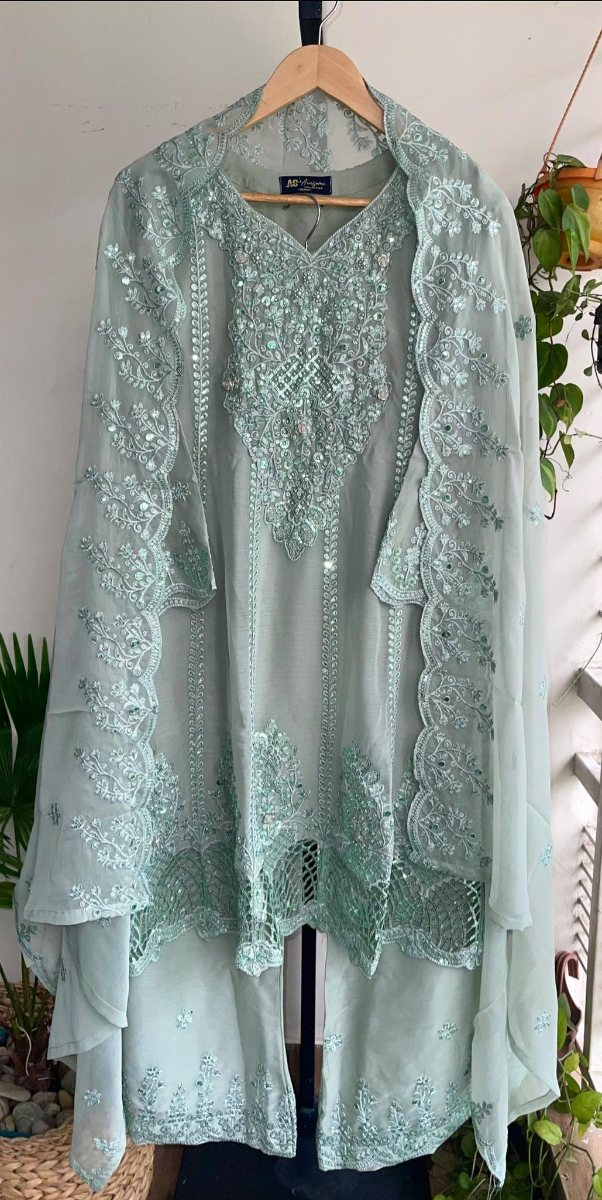 Original Pakistani Chiffon Stitched Frock With Palazzo Set _ Mint Blue