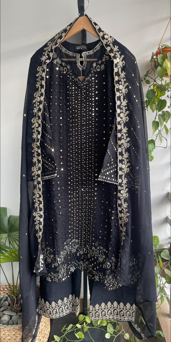 Original Pakistani Rangoon Chiffon Stitched 3Pcs _ Black