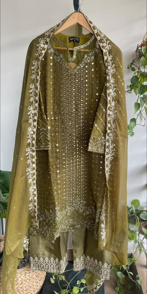 Original Pakistani Rangoon Chiffon Stitched 3Pcs _ Olive