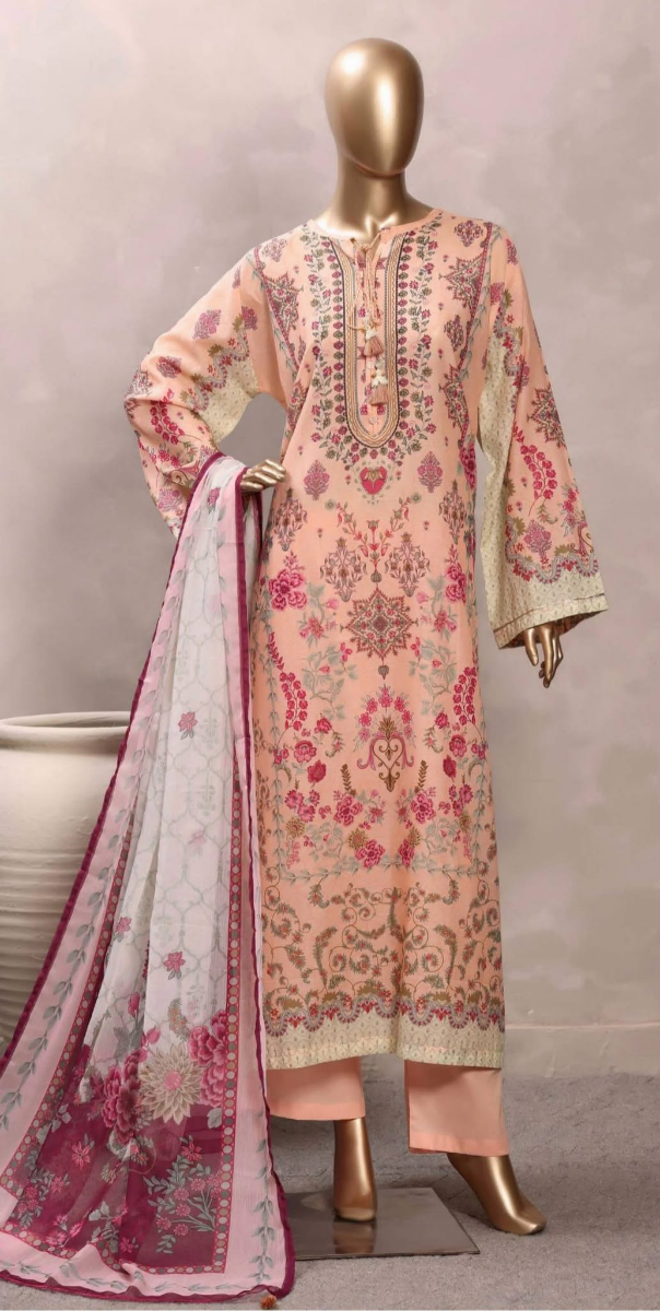Pakistani Original Sadabahar Printed Stitched  Kaftan 3pc _ Peach 