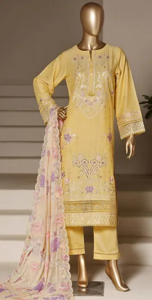 Original Pakistani Sadabahar Luxury Cotton Stitched 3Pc With Chiffon Dupatta _ Yellow