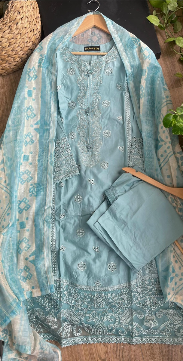 Original Pakistani Hayat’s Cotton Embroidered Stitched 3pcs _ Ligth Aqua