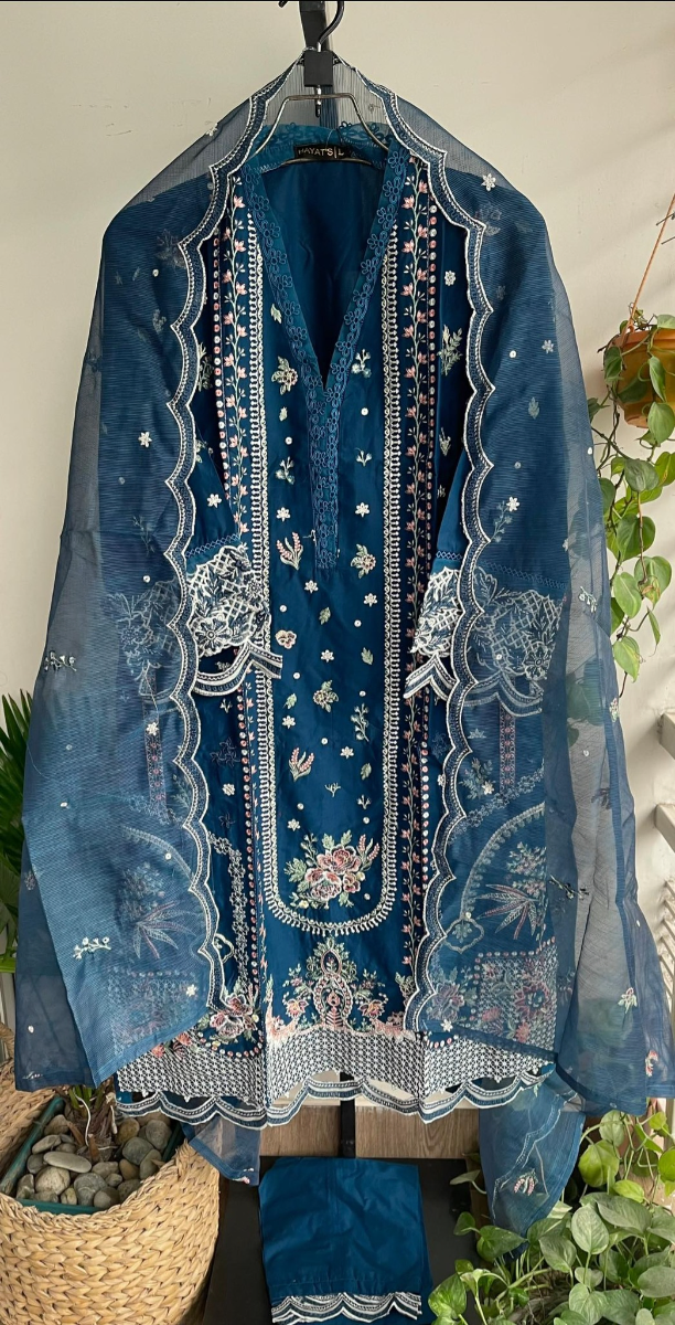 Original Pakistani Hayat’s Luxury Cotton Stitched 3Pcs _ Deep Sea Blue