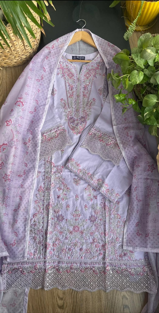 Pakistani Original Hayat’s Sister Brand Bin Ishaq Stitched Cotton 3Pcs Collection _ Lavender