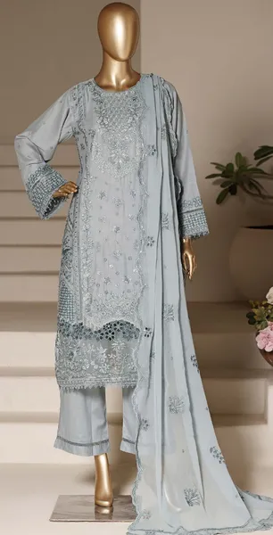 Original Pakistani Sadabahar Luxury Cotton Stitched 3Pc With Chiffon Dupatta _ Aqua Gray