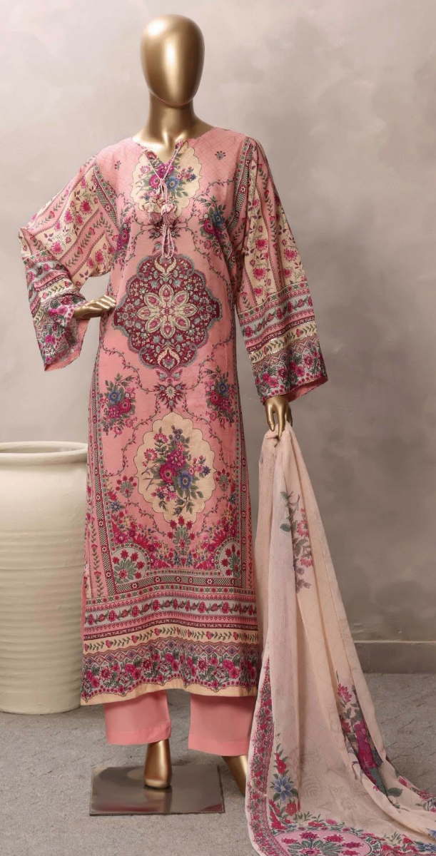 Pakistani Original Sadabahar Printed Stitched  Kaftan 3pc _ Pink 