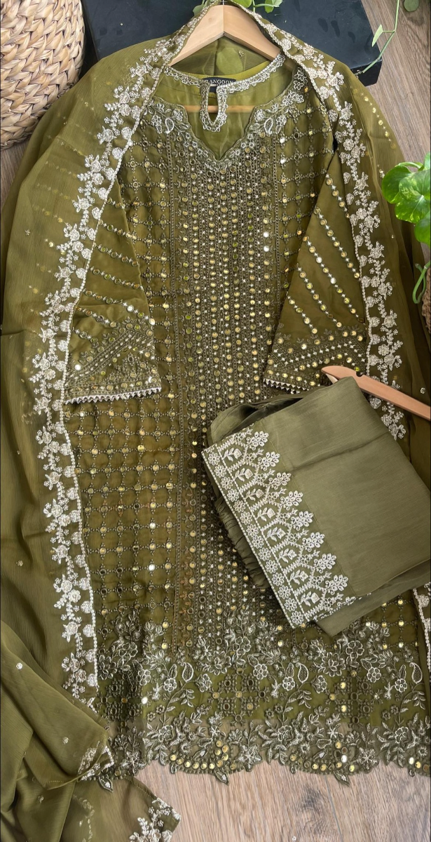 Original Pakistani Rangoon Chiffon Stitched 3Pcs _ Olive