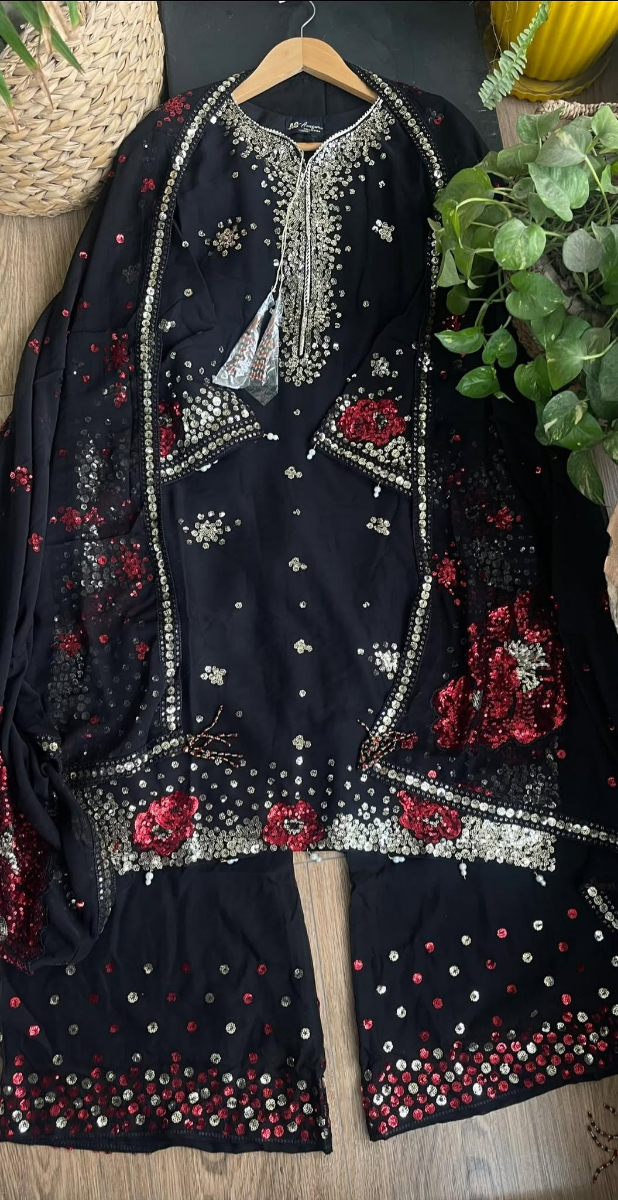 Original Pakistani Chiffon Stitched 3Pcs By Rangoon _ Black