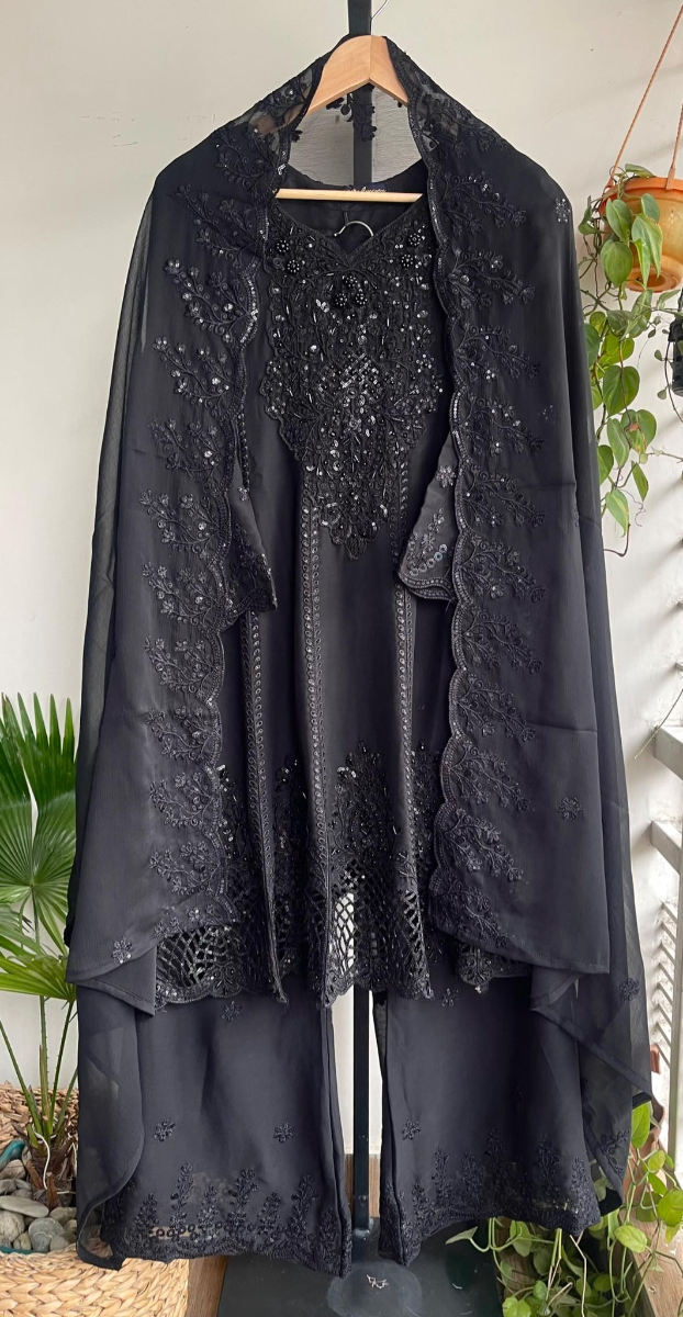 Original Pakistani Chiffon Stitched Frock With Palazzo Set _ Black