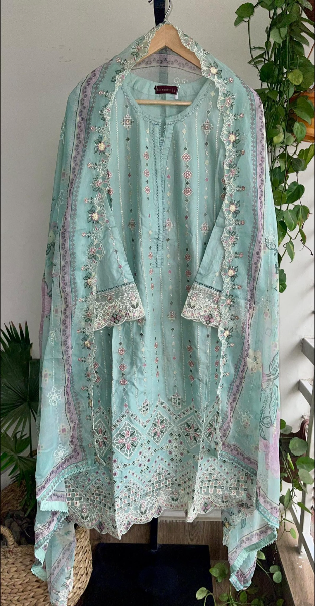 Pakistani Original Bin Saeed Stitched 3Pc With Chiffon Dupatta _ Aqua Mint 