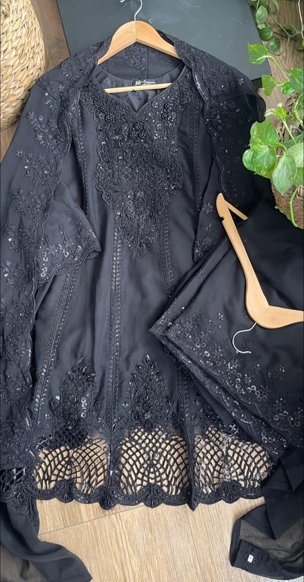 Original Pakistani Chiffon Stitched Frock With Palazzo Set _ Black