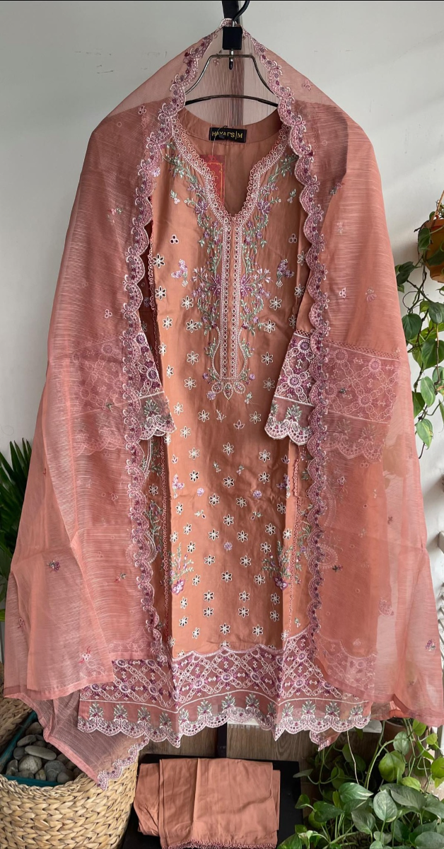 Original Pakistani Hayat’s Luxury Cotton Stitched 3Pcs _ Dark Salmon