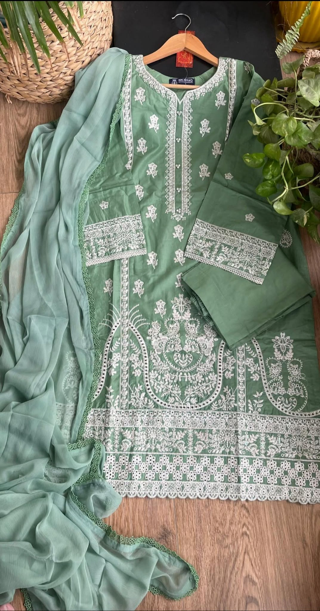 Pakistani Original Hayat’s Embroidered Stitched Cotton 3Pcs _ Light Green 