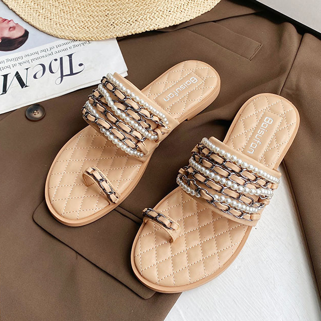 SUMMER BLACK PEARL CHAIN SLIP-ON FLAT SANDALS GB-0667