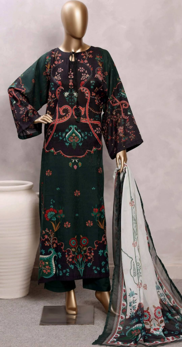Pakistani Original Sadabahar Printed Stitched  Kaftan 3pc _ Black & Green 