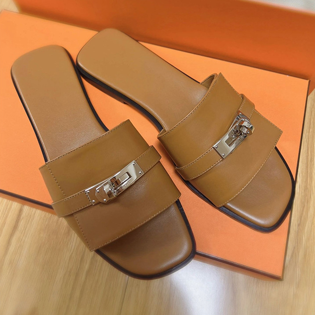 FRENCH BUCKLE GENUINE LEATHER  FLAT SANDALS 3333BR