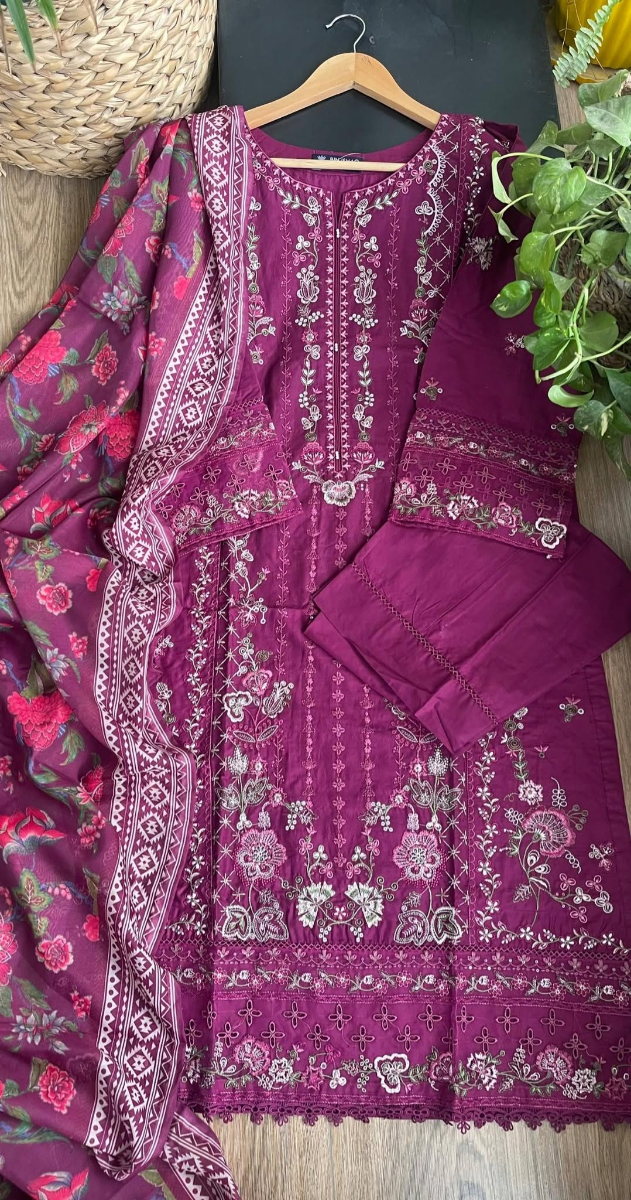 Pakistani Original Hayat’s Embroidered Stitched Cotton 3Pcs _ Purple 