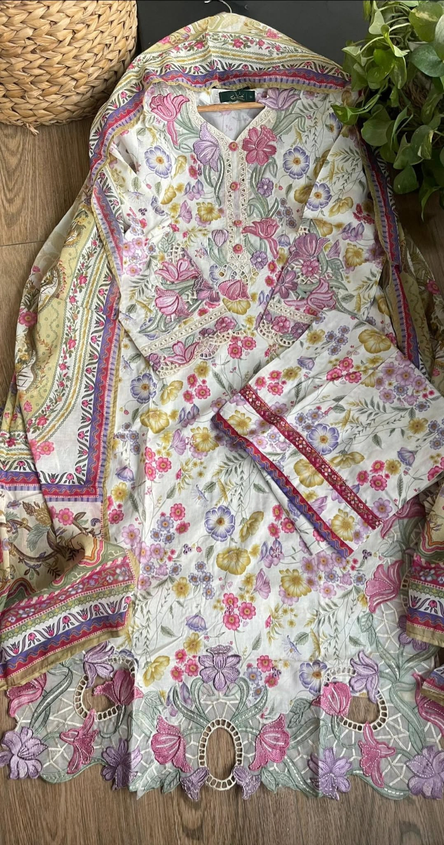 Pakistani Original Husnara Pure Lawn Embroidered Stitched 3Pcs _Off White 