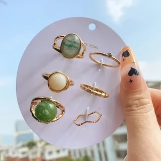 Green Jade Knuckle Finger Ring Set ( 6 Pcs )