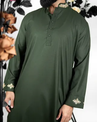Basics Zardozi Panjabi in Olive Colourway