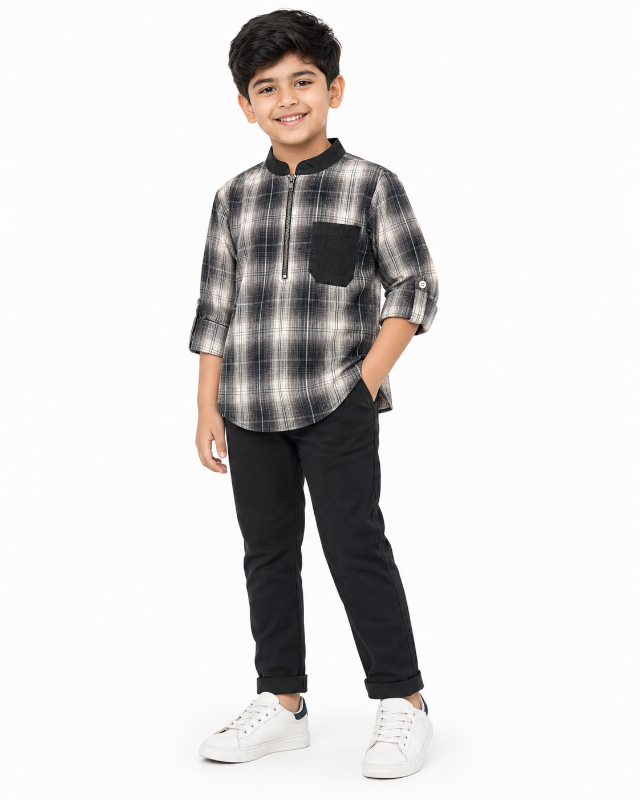 Boys White Printed Mandarin Collar Short Sleeve Shirt