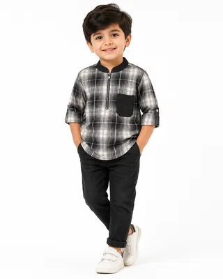 Boys White Printed Mandarin Collar Short Sleeve Shirt