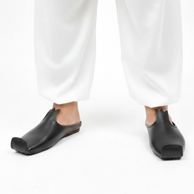 Men’s Black Woven Leather Half Sandal – Classic Peshawari Style Comfort