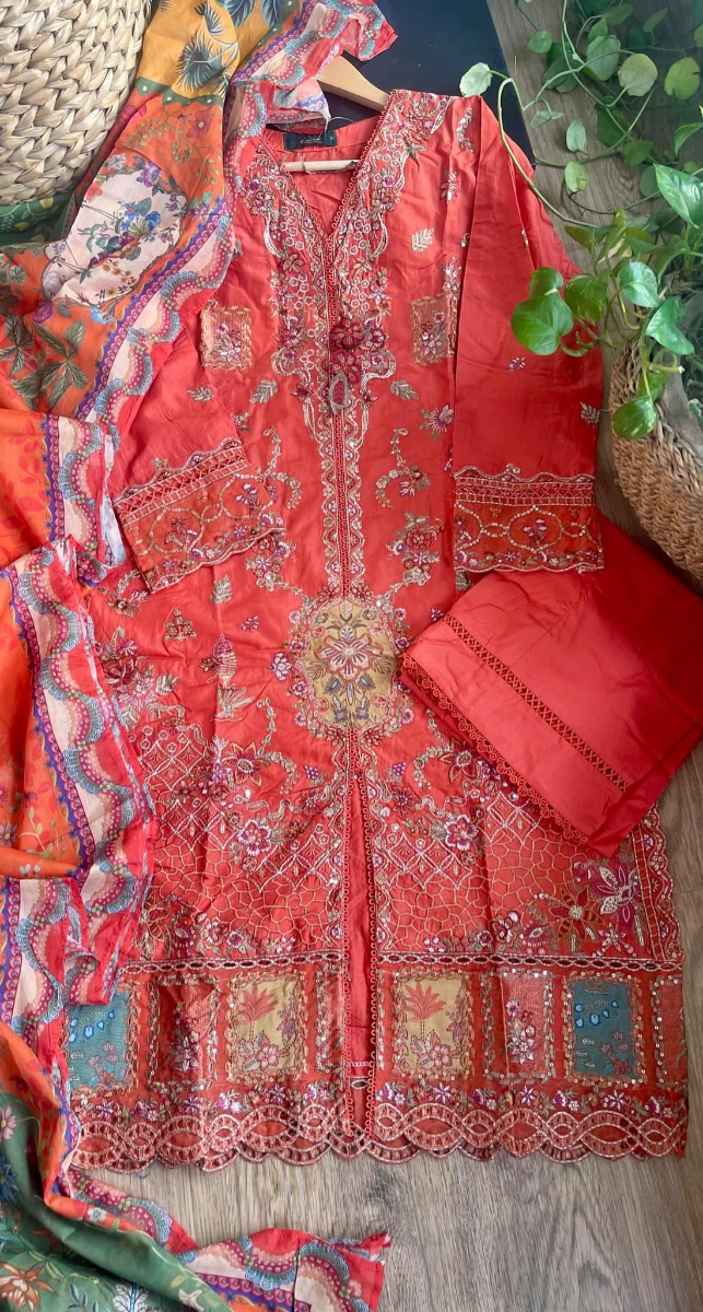 Pakistani Original Husnara Luxury lawn Stitched 3Pcs _ Rust