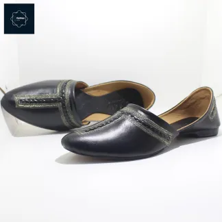 Men Black Leather Ethnic Flats – Handcrafted Elegance-nagra shoes for all leather