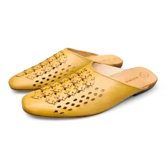 Men’s Yellow Leather Cut-Out Mules – Breathable Comfort & Unique Style